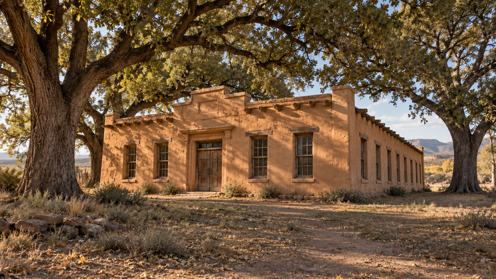 Large nineteenth-century adobe schoolhouse in rural New Mexico