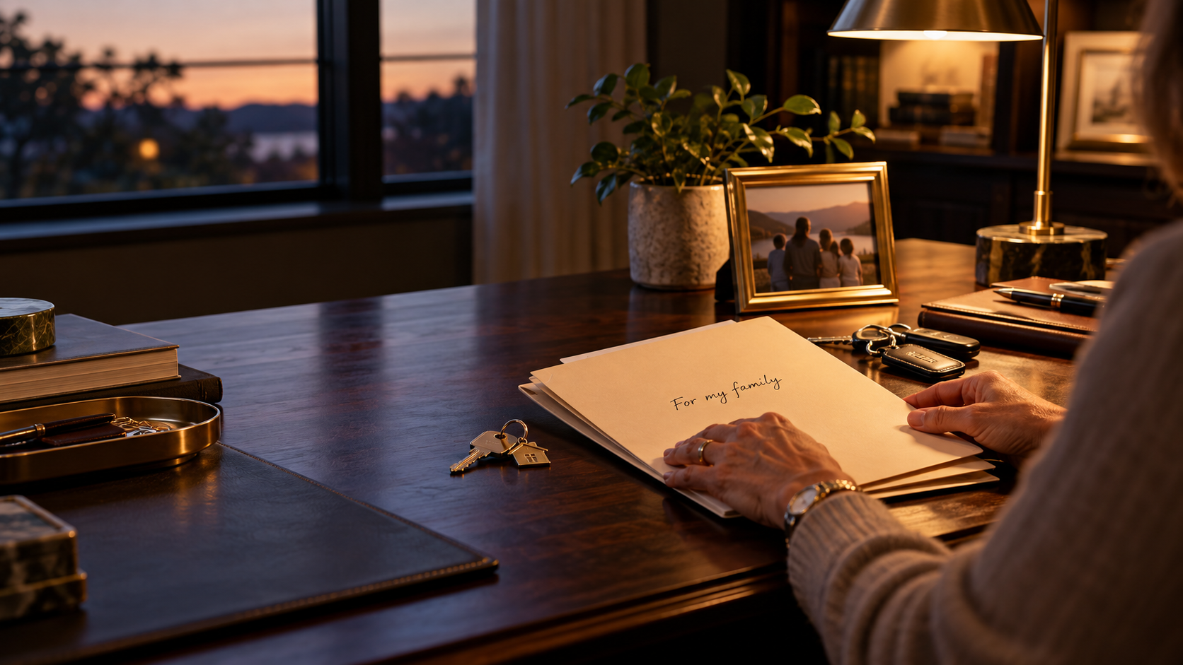 A person organizes a folder for their family beside house keys and a family photograph.