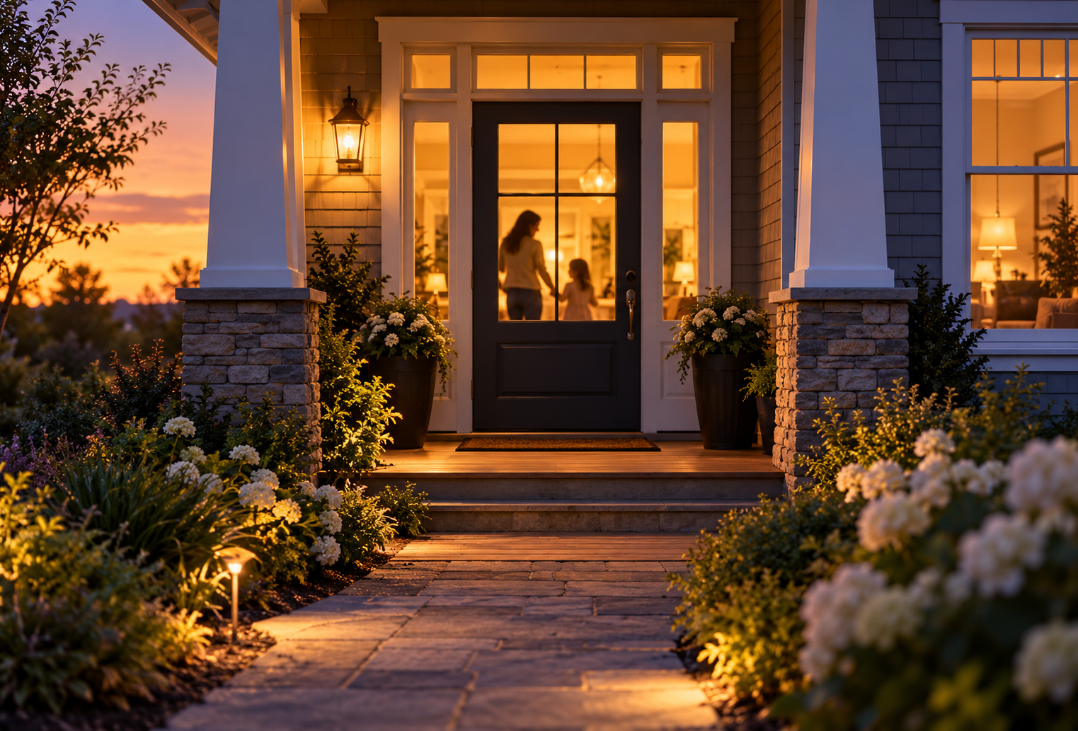 A welcoming home with family visible through the front door at sunset