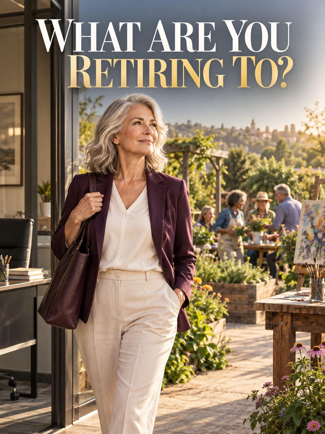 A woman stepping from her office into a purposeful retirement